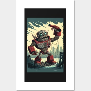 giant robot cyborg attacking the city - Japanese style Posters and Art